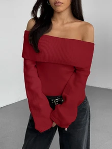 SHEIN Clasi 女款純色露肩休閒日常長袖針織衫 - 紅色 - 查看 5