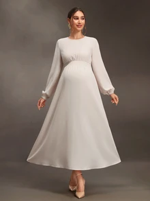 Cheriluna Maternity Maternity-D Women's White Round Neck Long Sleeve Waist-Cinching Long Maternity Dress, Spring/Autumn Fall Photoshoot Baby Shower Elegant Chic - Apricot - View 7