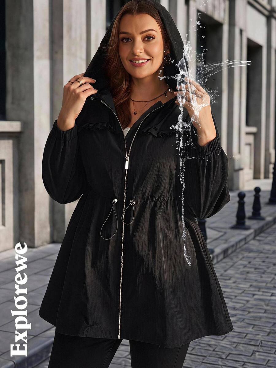 EMERY ROSE Plus Size Solid Black Hooded Cinched Waist Zip Up Long Sleeve Trench Coat Fall 2026 Going Out Holiday Teacher Casual Baggy - Black - View 1