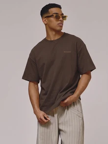 Musero Oversized Crew Neck Short Sleeve Large Back "SAIL MAIL" Washed Graphic Tshirt - Brown - View 2