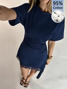 Aloruh 女款優雅圓領無袖蕾絲拼接迷你洋裝 - 藏蓝色 - 查看 6