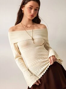 Willow Rêve Women's Ivory White Slim Fit Knitted Top, Hollow Knit Off-Shoulder Flare Sleeve Geometric Pattern Design, Western Bohemian Romantic Pastoral Style; Suitable For Autumn Date Night Wear - Cream - View 7