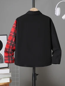 SHEIN Kids Tween Boy Casual Daily Comfortable Patchwork Plaid Lapel Loose Long Sleeve Woven Button-Down Shirt Suitable For Christmas And Christmas Party - Red - View 3