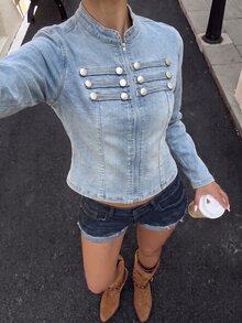 Muchica Women's Fashion Versatile Button & Zipper Long Sleeve Denim Jacket - Medium Wash - View 4