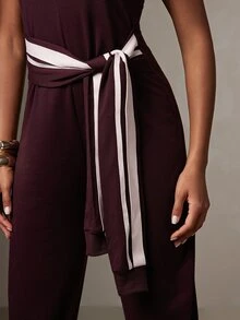 Hauture Women's Sexy Casual Contrast Dark Purple Tie-Up Sweatsuit Jumpsuit, Office Wear, Business Casual, Going Out Brunch, Traveling Summer - Burgundy - View 2