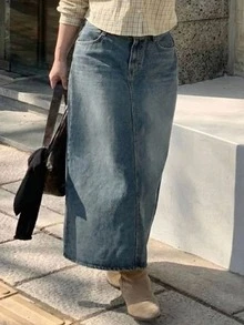Dazy Plus Vintage Denim Skirt Versatile Women's Slit Long A-Line Slimming Denim Skirt - Medium Wash - View 5