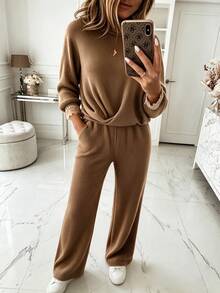 Holdful Holdful Women's Solid Color Long Sleeve Top And Pants Casual Daily 2 Pieces Set - Brown - View 3
