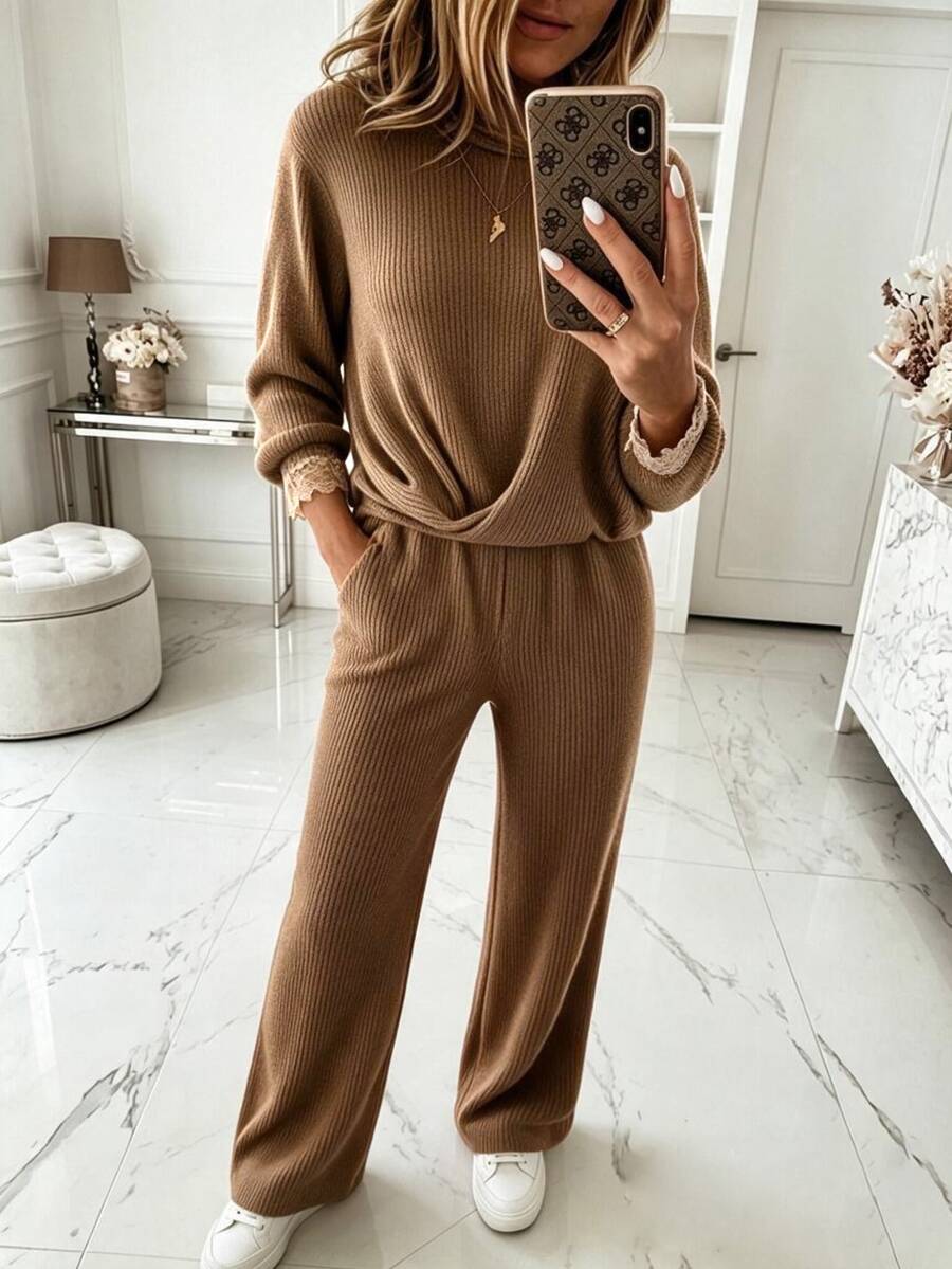 Holdful Holdful Women's Solid Color Long Sleeve Top And Pants Casual Daily 2 Pieces Set - Brown - View 1