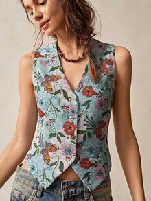 Bohemela Women's Floral Pattern Casual Daily Vest Jacket - Army Green - View 8