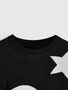ROMWE Dark Gothic Black Cat Skull Moon Star Snake Jacquard Loose Fit Plus Size Pullover Sweater - Black - View 3