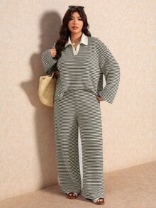 Elaquor 大尺碼女款橄欖綠落肩長袖T恤與寬腿褲休閒優雅兩件套，適合秋季早午餐、度假、正式場合、居家休閒 - 軍綠色 - 查看 5