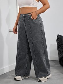 SHEIN PETITE CURVE 大尺碼女款休閒日常牛仔褲，附口袋與鈕扣設計 - 灰色 - 查看 5