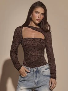 SHEIN BAE بودي نسائي بني سادة مزين بالترتر بكتف غير متماثل وأكمام طويلة من الدانتيل والشبك، بودي دانتيل بني للربيع والصيف - بني - مشاهدة 5