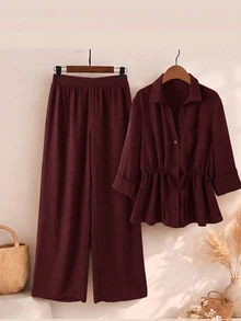 Rusticease Plus Size Button Casual Drawstring Shirt And Elastic Waist Long Pants 2 Pieces Set Fall - Burgundy - View 7