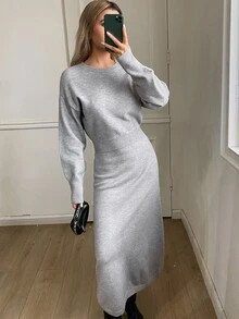 DAZY Autumn/Winter Round Neck Loose Minimalist Casual Commute Grey Women Sweater Dress - Grey - View 5