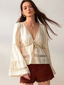 Willow Rêve Women's Cream V-Neck Bell Sleeve Lace Trim BOHO FLOWY TUNIC TOP - Cream - View 5