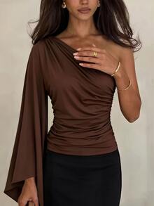 Elenzga Women's Elegant Commute Solid Color One Shoulder Bell Sleeve Top - Brown - View 5