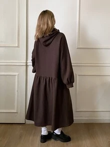 DAZY Dark Brown Hooded Drawstring Long Sleeve Patchwork Loose Fit Casual Mid-Length Dress, Versatile For Autumn/Winter - Brown - View 2