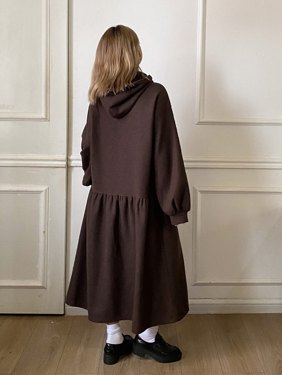 Dark Brown Hooded Drawstring Long Sleeve Patchwork Loose Fit Casual Mid-Length Dress, Versatile For Autumn/Winter
