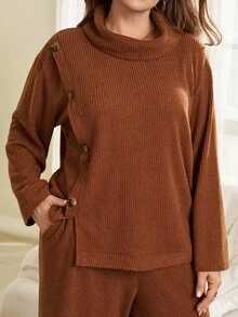 EMERY ROSE Bộ đồ nữ size lớn phong cách vintage trang trí nút cho mùa thu/đông - Gỗ đỏ - Xem 3