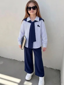 Tween Girl Knight Print Shirt And Solid Color Pants With Shawl Set,Fashion Academy, Suitable For Wearing In Various Occasions - Blue - View 8