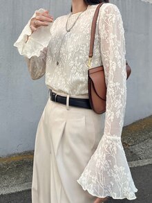 Dazy Kids 青少年女孩甜美蕾絲喇叭袖度假風秋季T恤 - 杏色 - 查看 4