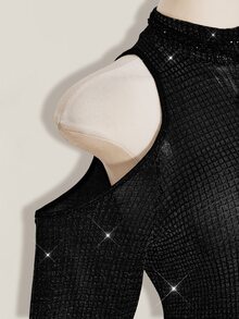 SHEIN ICON 大尺碼立領誇張喇叭袖透視亮面連身衣，音樂節穿搭，派對裝 - 黑色 - 查看 8