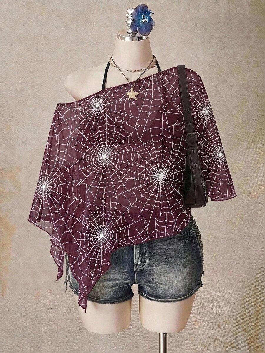 SHEIN ICON 大尺碼網紗蜘蛛網印花不對稱下擺上衣 - 彩色 - 查看 1