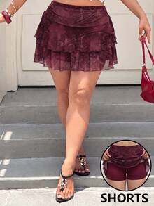 Muchica Plus Size Floral Print Ruffle Hem Skort - Burgundy - View 5