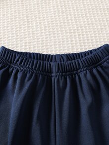 SHEIN ChillGRL Streecool 青少女 2 件套秋季服飾，常規厚度針織休閒百搭連帽拉鍊外套與寬鬆寬腿長褲套裝，馬術運動圖案印花，適合休閒運動 - 藏蓝色 - 查看 8