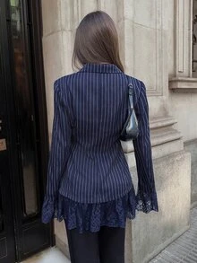 Aloruh Women's Elegant V-Neck Lace Patchwork Striped Blazer - Multicolor - View 2