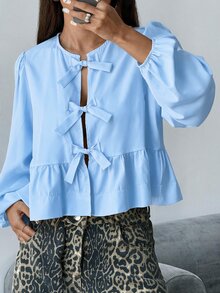 SHEIN EZwear 淺藍色編織女款燈籠袖蝴蝶結長袖休閒襯衫，秋冬款 - 淺藍色 - 查看 1