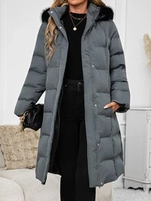 SHEIN Clasi Women's Winter Warm Button Long Sleeve Pockets Padded Coat - Grey - View 6