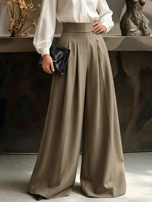 Trelyra Women's Casual Daily Commute Solid Color Loose Wide Leg Pants, All-Season Versatile Minimalist Style Low-Key Luxury With Belt Sweatpants, Autumn/Winter - Mocha Brown - View 4