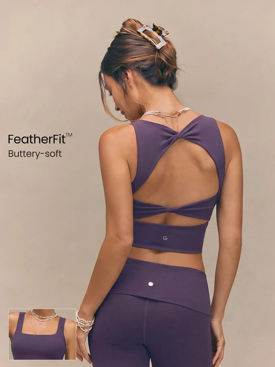 GLOWMODE FeatherFit™ Active Ambition Buttery-Soft Square Neck Twisted Open Back Removable Cups Crop Active Tank Top Low Impact Yoga Pilates Studio Daily Wear - Purple - View 1