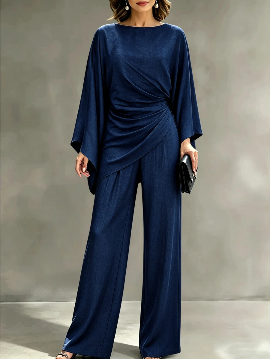 SHEIN Holidaya Women's Elegant Pleated Design Batwing Sleeve Blouse And Pants Set - Blue - View 1