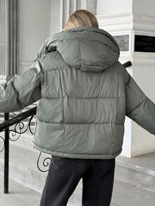 Pariaura Minimalist Commuter Hooded Quilted Jacket With Snap-Button Detachable Hood, Two Styling Options, Large Check Quilted Pattern, Smooth Zipper Placket, Cotton Padded - Grey - View 2