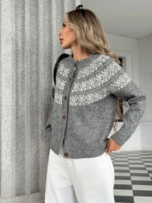 Pariaura Vintage Preppy Contrast Color Jacquard Round Neck Loose Casual Minimalist Slouchy Single-Breasted Slimming Cardigan Sweater - Grey - View 3