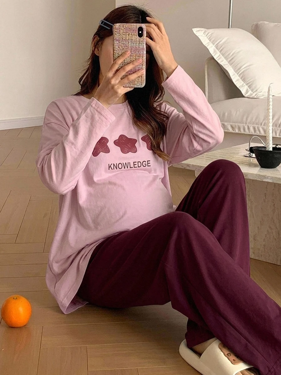 Dazy Maternity Star & Letter Print Loose Long Sleeve T-Shirt & Straight Leg Pants Casual Daily Home Wear Spring/Autumn Maternity 2 Pieces Set - Purple - View 1