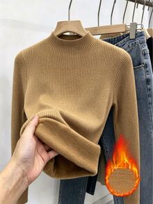 RosyDaze Sweater Wanita Minimalis Kasual Serbaguna Lengan Panjang Berlapisan Bulu untuk Pemakaian Sehari-hari di Rumah, Warna Cokelat Muda, Musim Dingin - Coklat - View 3