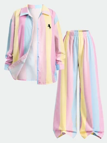 SHEIN Tween女孩彩色條紋Logo印花學院風寬鬆長袖上衣與寬腿褲2件套返校休閒套裝 - 粉色 - 查看 3