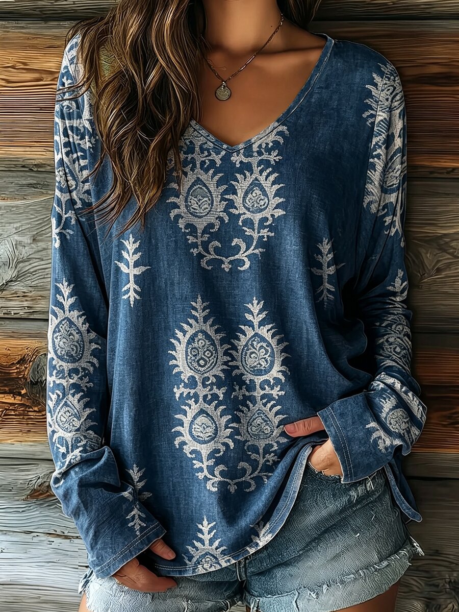 Selamara Women's Fashion Distressed Vintage Romantic Bohemian Floral Print Sweatshirt, Suitable For Daily Wear, Commuting, Vacation, Slouchy - Multicolor - View 1