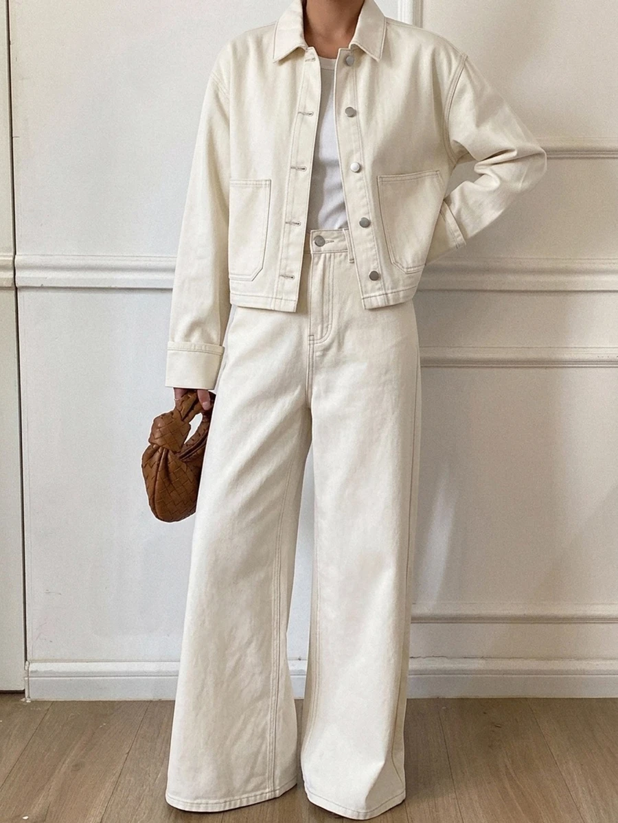 DAZY Autumn White Collared Button Pocket Decor Short Denim Jacket With Wide Leg Denim Pants Set - White - View 1