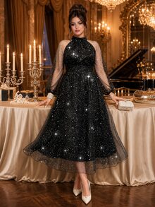 Roveilla Plus Size Elegant Celestial Black Foil High Neck Raglan Sleeve Cinched Waist Ruched Flared Formal Cocktail Evening Dress Autumn Halloween - Black - View 5