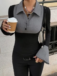 DAZY Grey Vertical Striped Collar Button Patchwork Black Slim Fit Long Sleeve 2 In 1 Commuter Style T-Shirt - Black - View 4