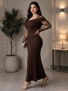 Feyla Plus Size Elegant Elegant Lace Patchwork Mermaid Dress - Coffee Brown - View 3