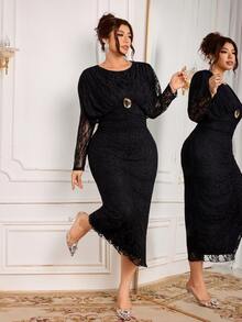 Modelyn Elegant Lace Round Neck Long Sleeve Fitted Regular Fit Plus Size Dress For Spring And Autumn - Black - View 3