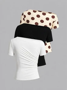 SHEIN Clasi 女款波點百褶修身百搭日常休閒短袖T恤 3件組 - 彩色 - 查看 2