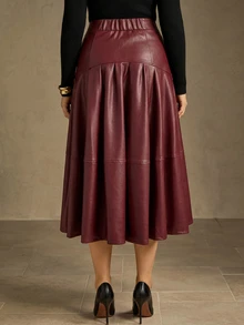 MOTF PREMIUM PLUS SIZE WOMEN'S PU LEATHER MID-LENGTH FOLD PLEATED FLARED SKIRT - Burgundy - View 7