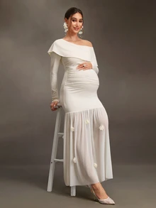 Cheriluna Maternity فستان حمل طويل الأكمام بلون المشمش مع ديكور زهري ثلاثي الأبعاد، كتف غير متماثل من الشبك، خصر مجعد، قصة ضيقة - لون مشمشي - مشاهدة 8